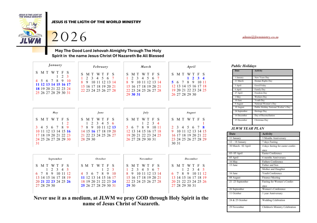 JLWM Church Calendar 2026 | Official Year Plan JLWM calendar 2026